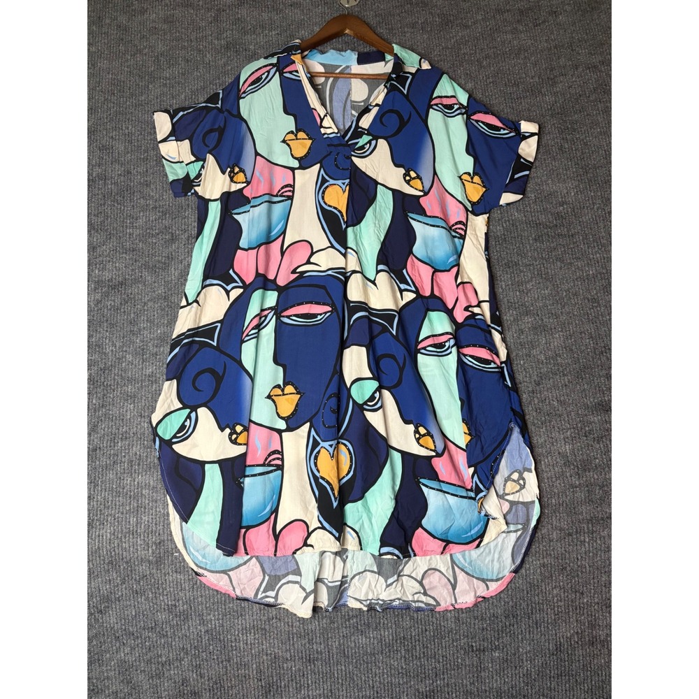 Made in Italy Abstract Face Print Viscose V-Neck Tunic Dress Multi Color OS